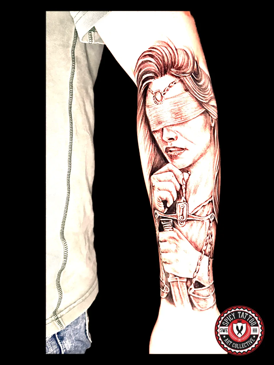 Realism Tattoo Frau mit Augenbinde am Unterarm – Spicy Tattoo Hamburg
