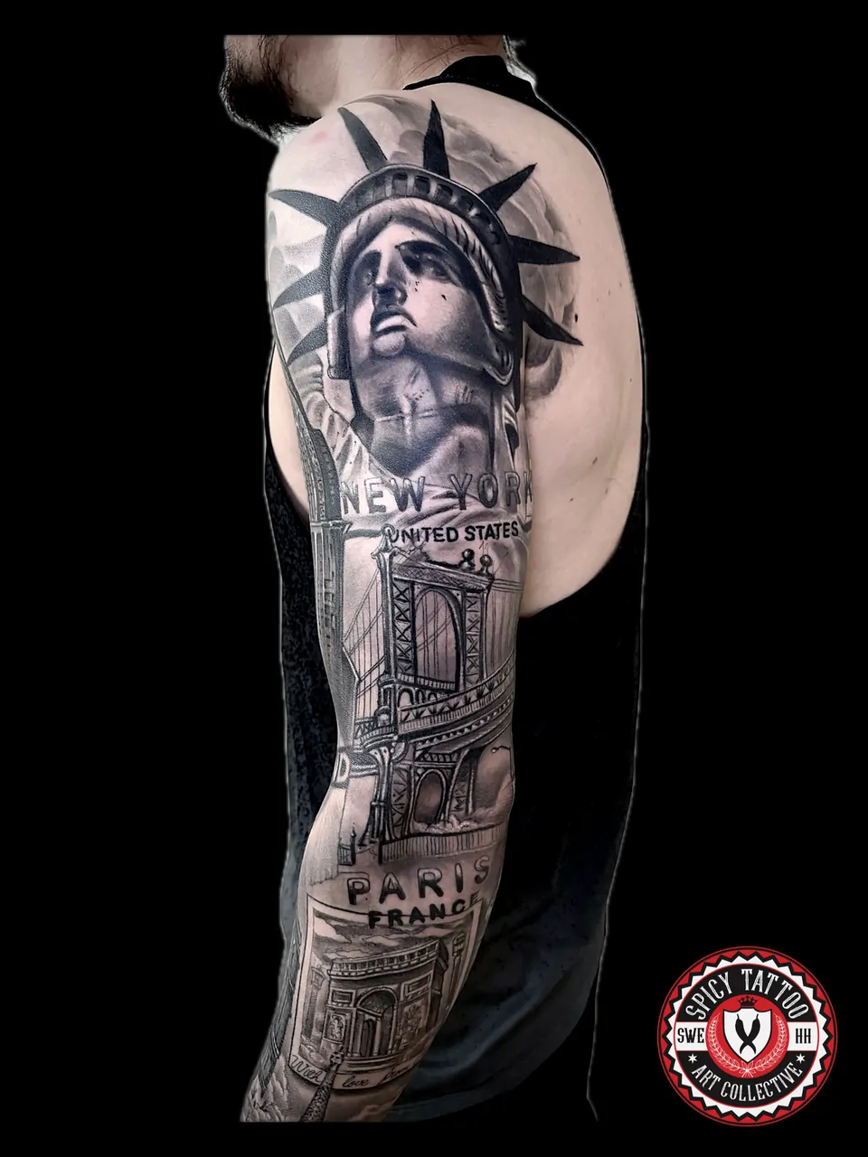 Realism sleeve with the Statue of Liberty and New York – Spicy Tattoo Hamburg